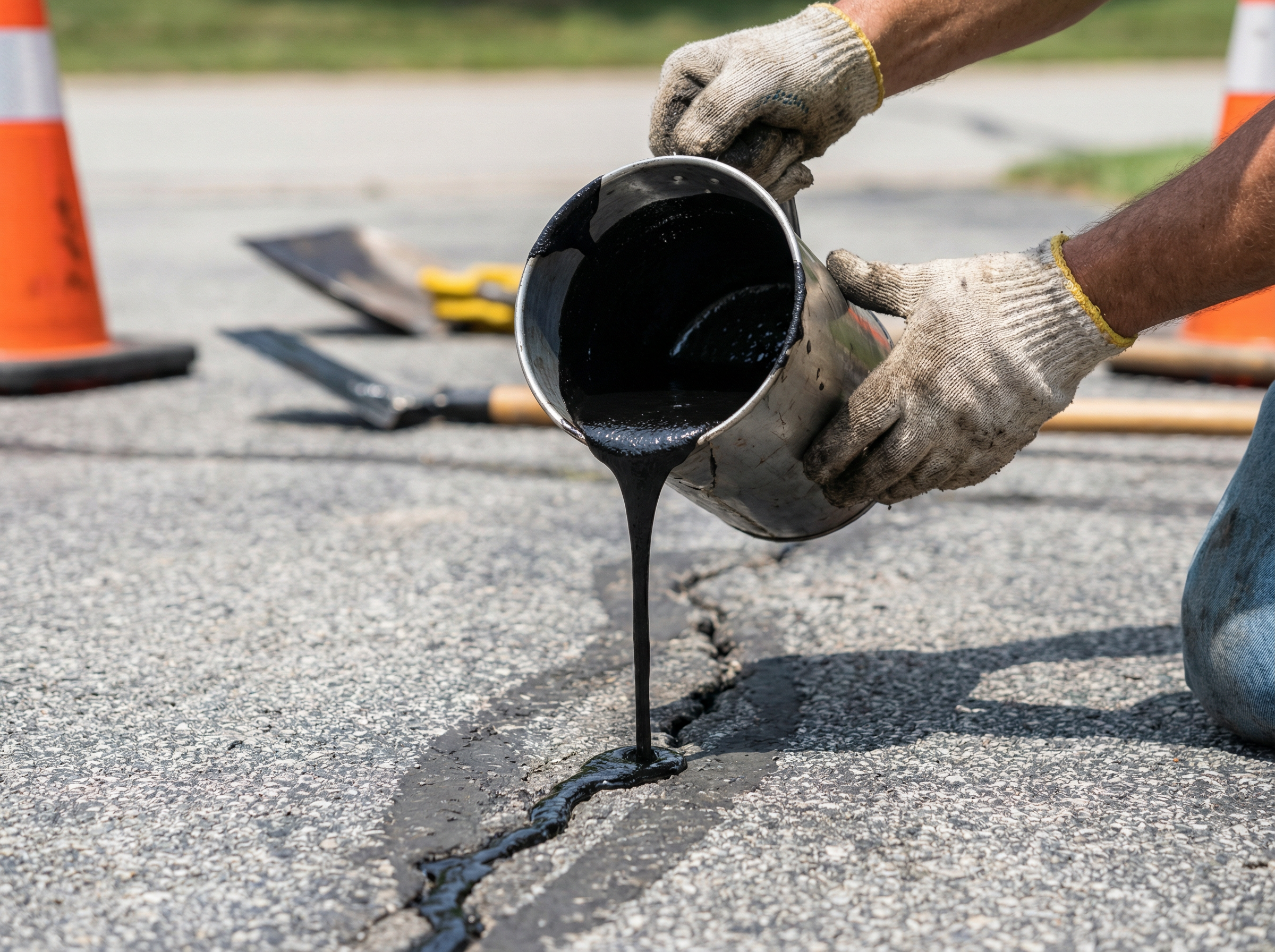 Worker filling cracks in asphalt driveway with hot rubberized crack filler