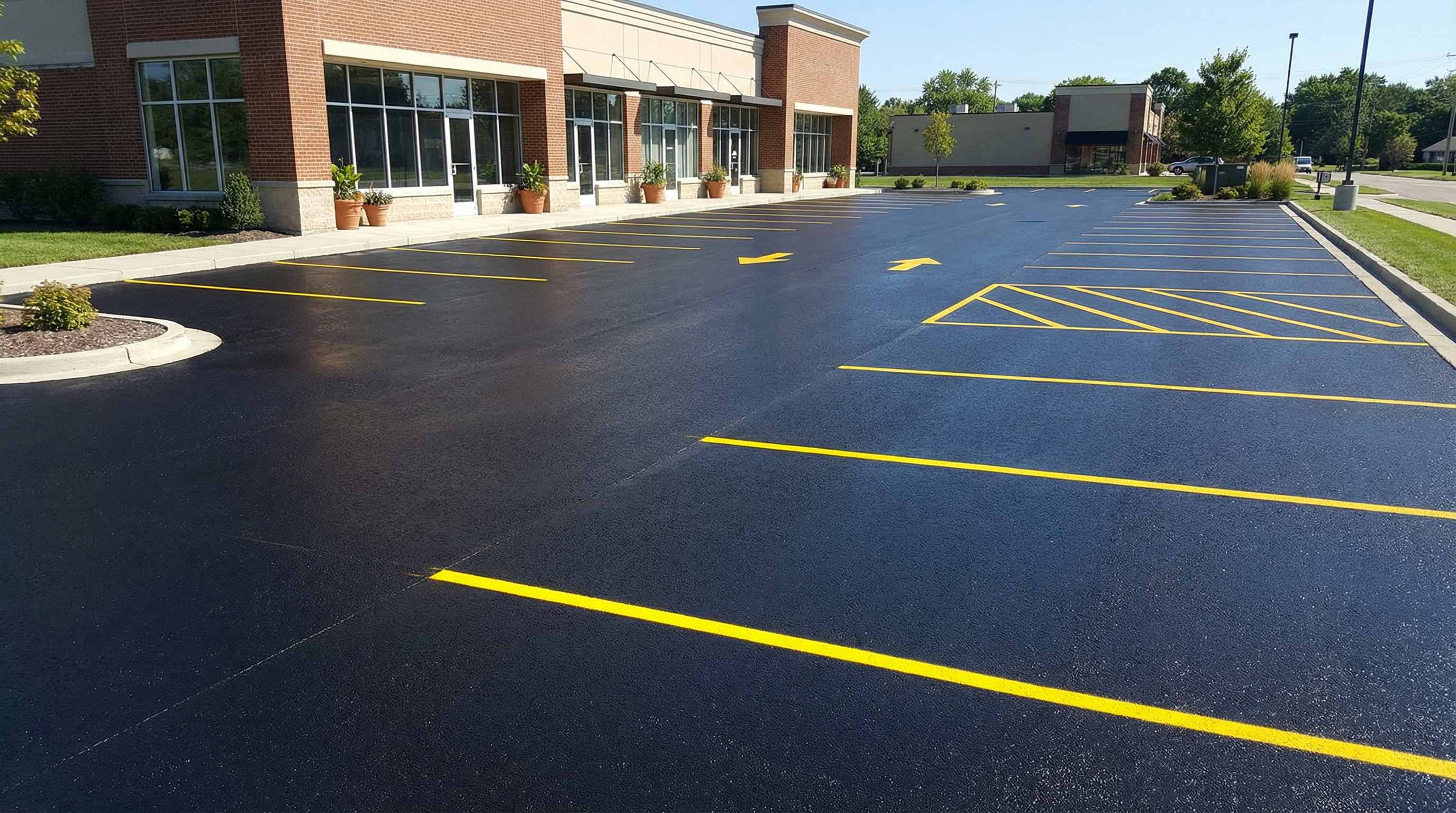 Freshly sealed asphalt parking lot with rich dark finish showing professional sealing results