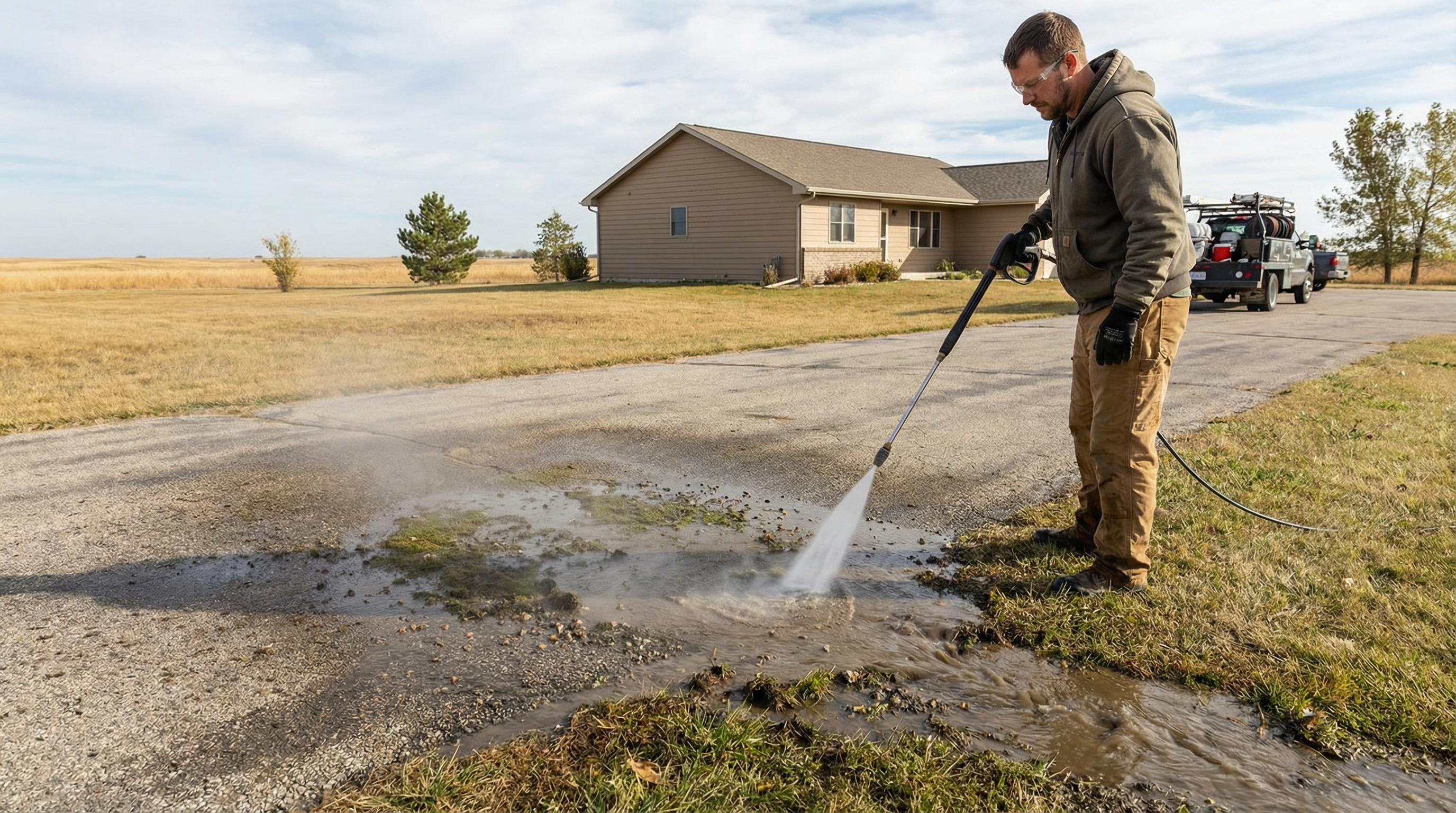 Worker pressure washing asphalt driveway in preparation for sealing