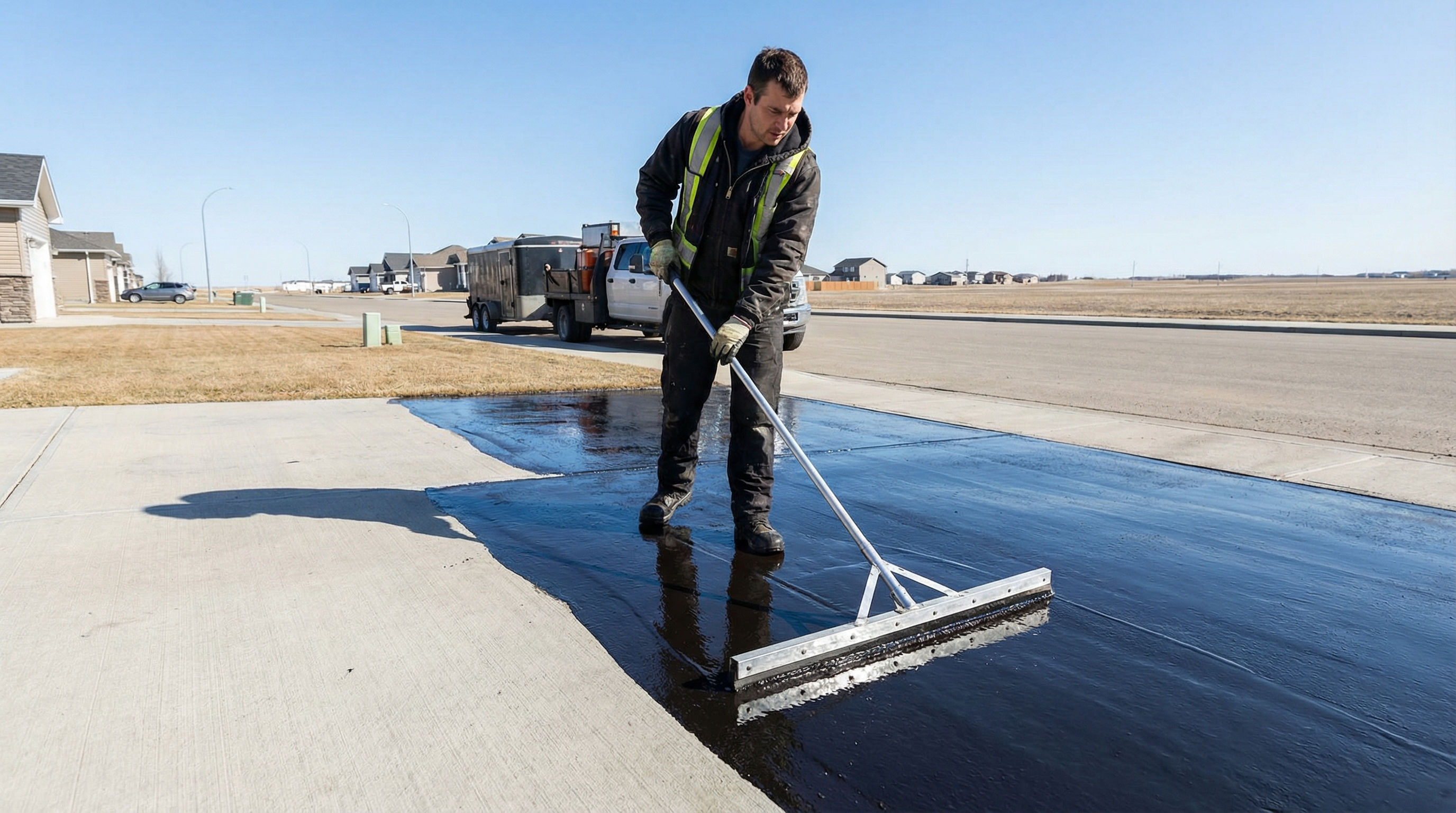 Professional applying dark asphalt sealant to residential driveway