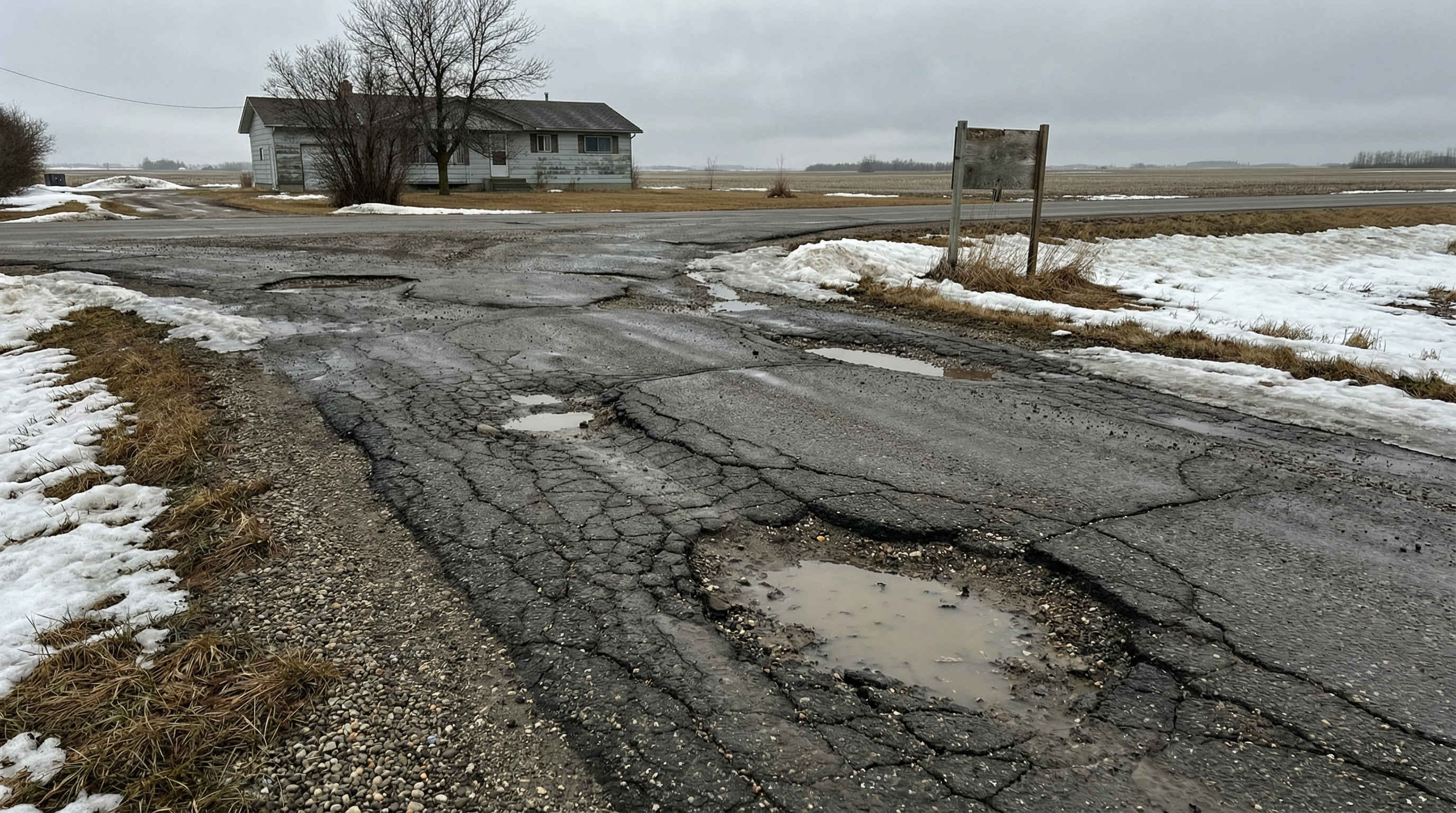 Damaged asphalt driveway showing potholes and cracking from Manitoba winter freeze-thaw cycles