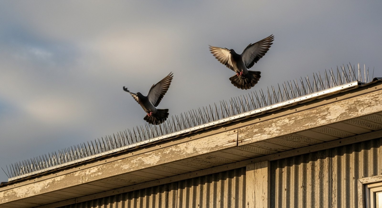 Bird spike strip installed along a building ledge to stop pigeons roosting