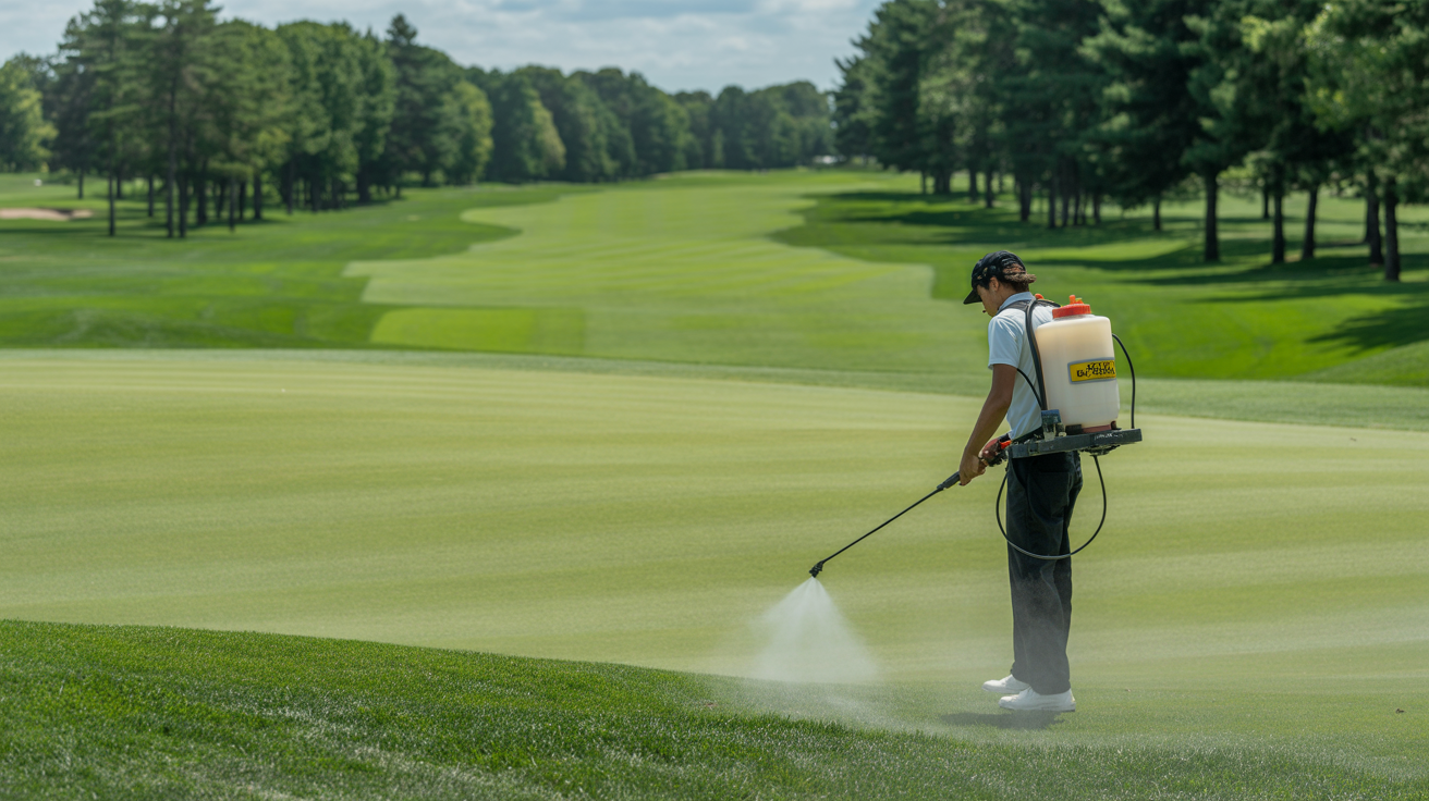 Professional turf pest treatment on a golf course fairway