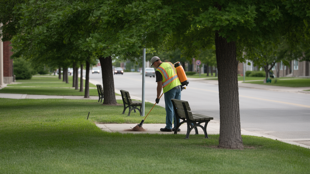 Municipal worker applying pest treatment to a public park boulevard in a Manitoba town