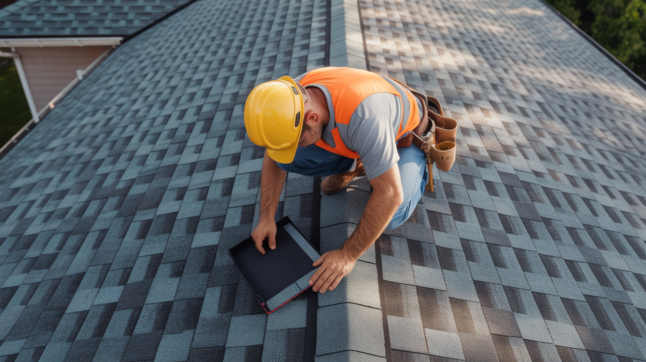 Roofer inspecting a shingle roof before quoting a replacement